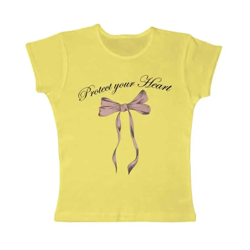 Y2K Protect Your Heart O Neck Bow T Shirt - Yellow / S