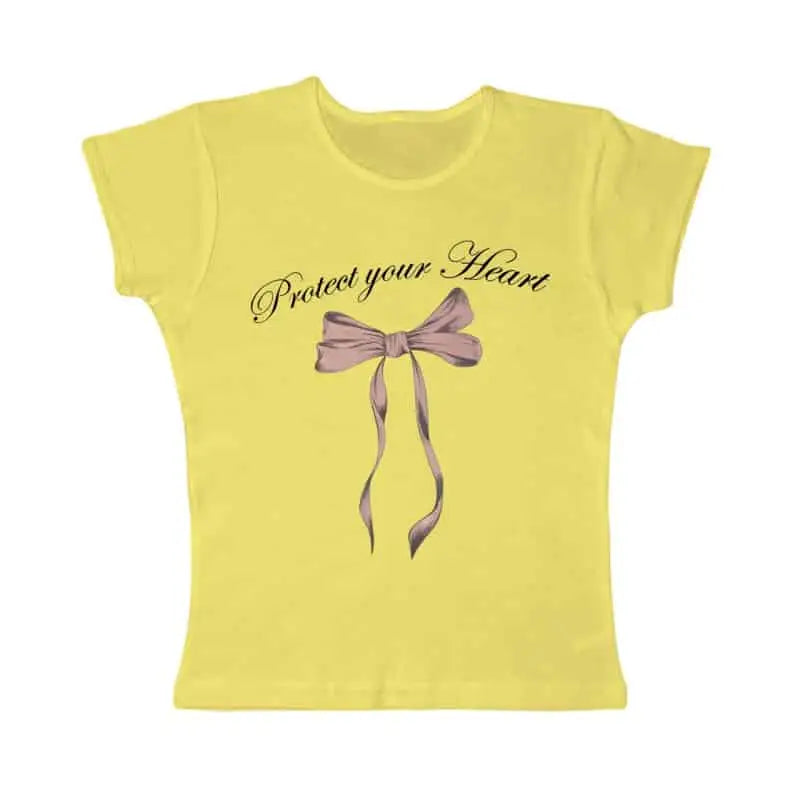 Y2K Protect Your Heart O Neck Bow T Shirt