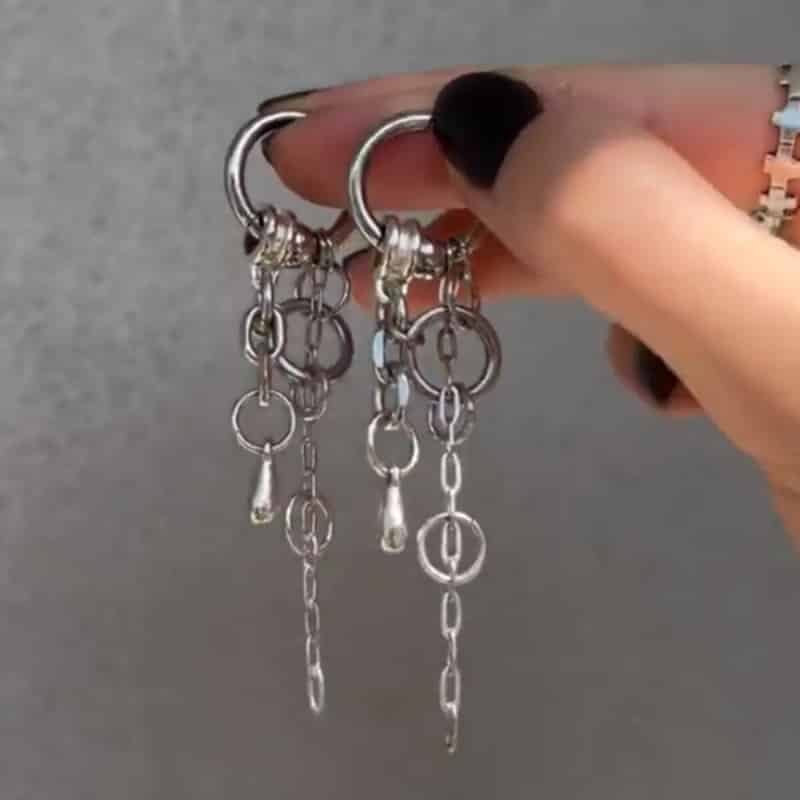 Y2K Punk Dangle Chain Hoop Earrings Silver