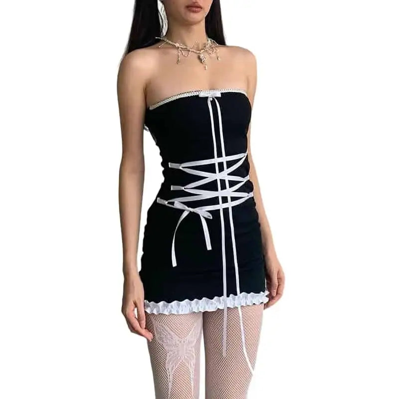 Y2k Ribbon Bow Strapless Mini Dresses - Black / S - Dress