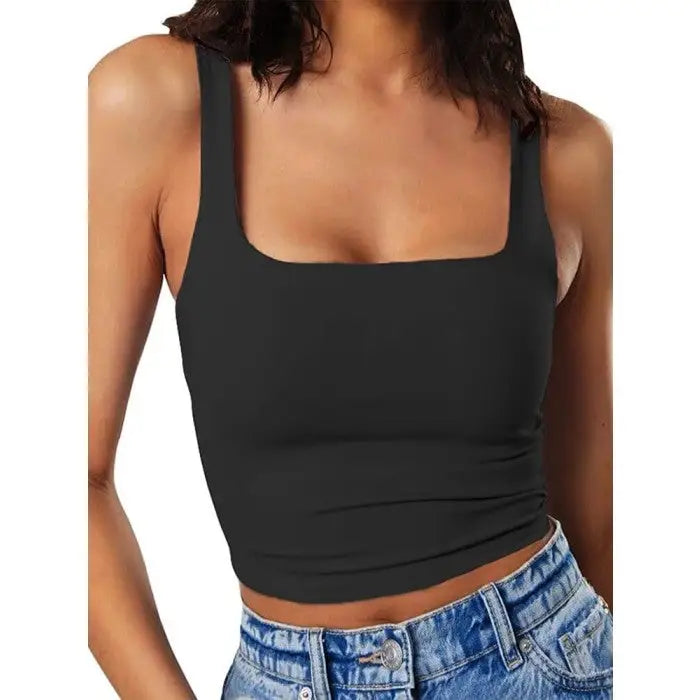 Y2K Sleeveless Square Neck Tank Top - Black / XS