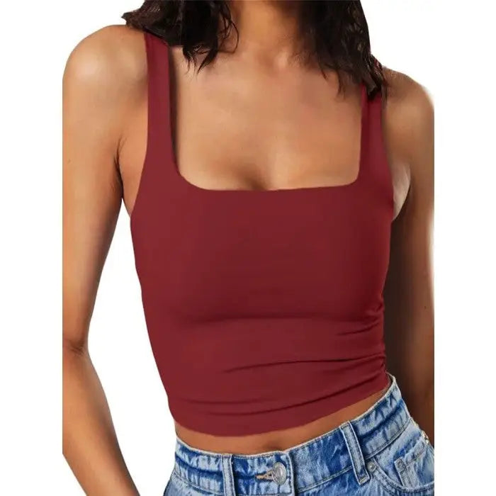 Y2K Sleeveless Square Neck Tank Top - Burgundy / XS