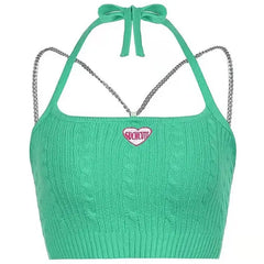 Y2K Such Cute Heart Sleeveless Chain Strap Knitted Cotton