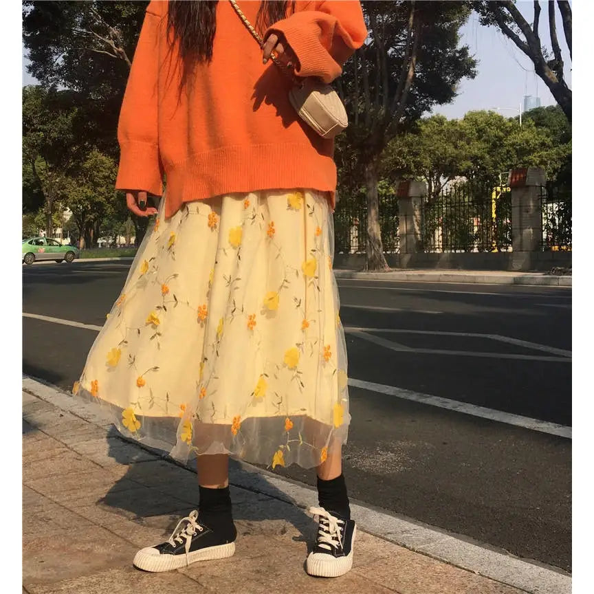 Yellow 3D Flower Lace High Waist Mesh Long Skirt - XL