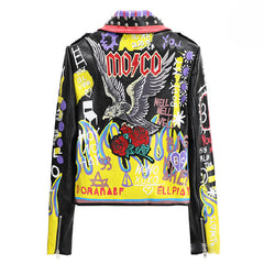 Yellow Graffiti & Flame Motorcycle PU Leather Jacket