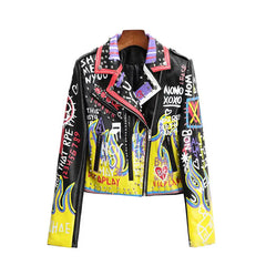 Yellow Graffiti & Flame Motorcycle PU Leather Jacket