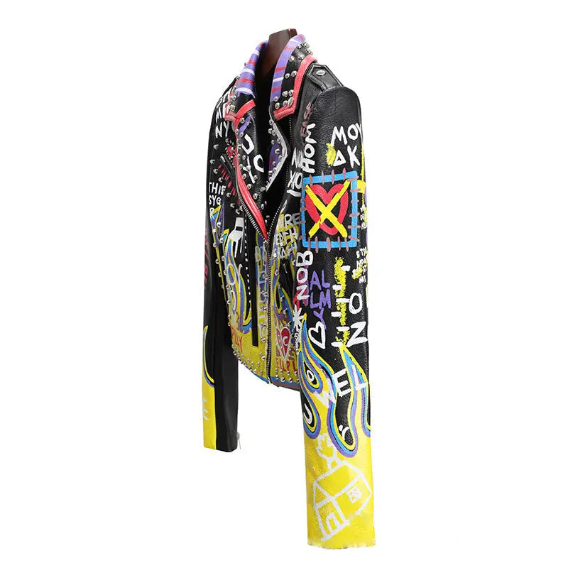 Yellow Graffiti & Flame Motorcycle PU Leather Jacket