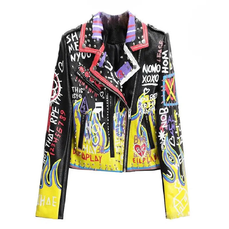 Yellow Graffiti & Flame Motorcycle PU Leather Jacket