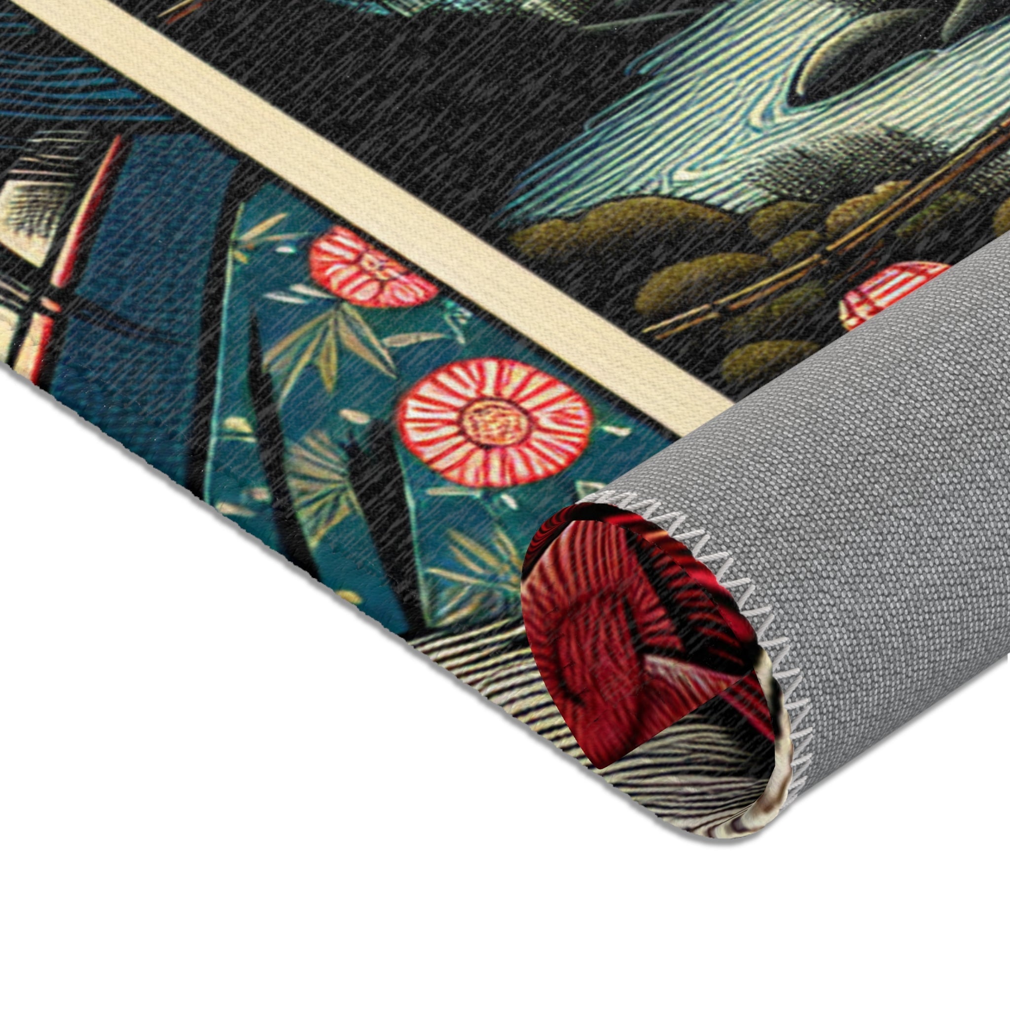 Yokai Art Area Rug with Tengu and Kappa Design