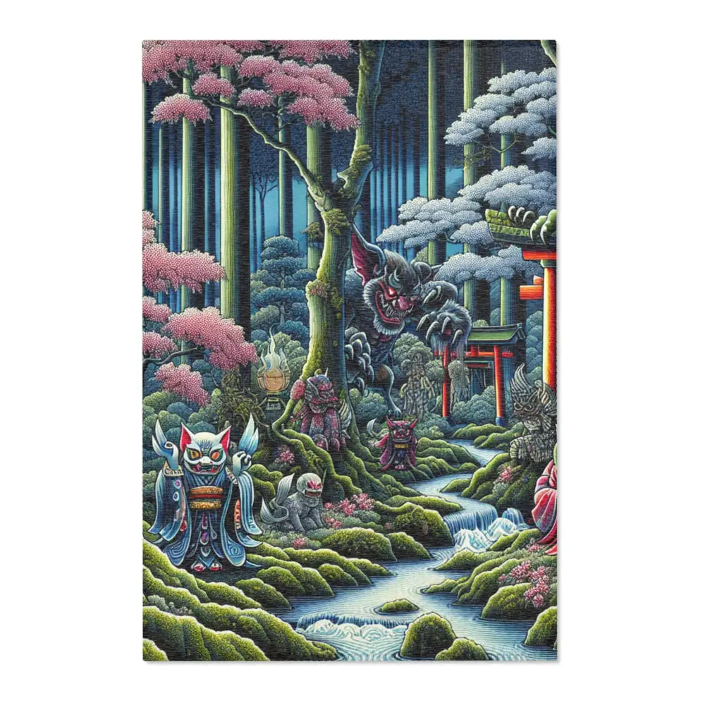 Yokai-Themed Area Rug with Moonlit Forest Scene and Torii