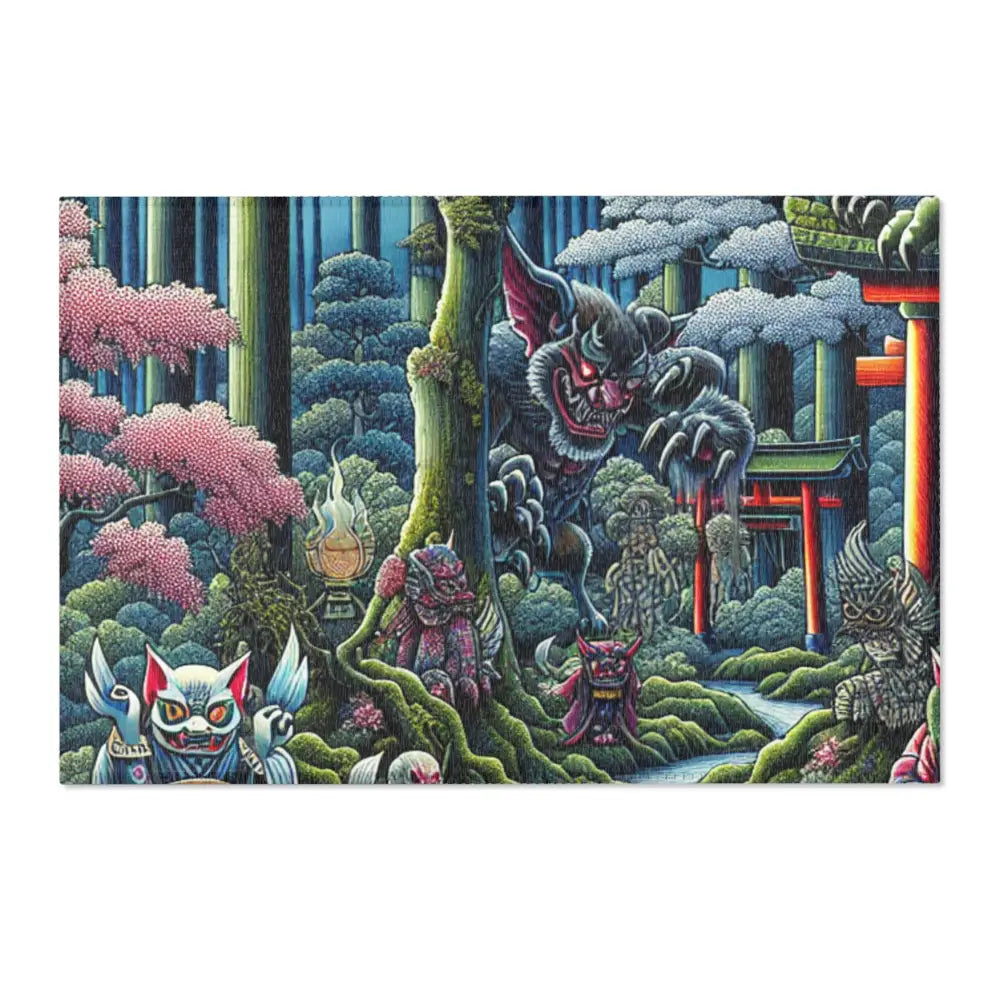 Yokai-Themed Area Rug with Moonlit Forest Scene and Torii