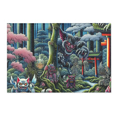Yokai-Themed Area Rug with Moonlit Forest Scene and Torii