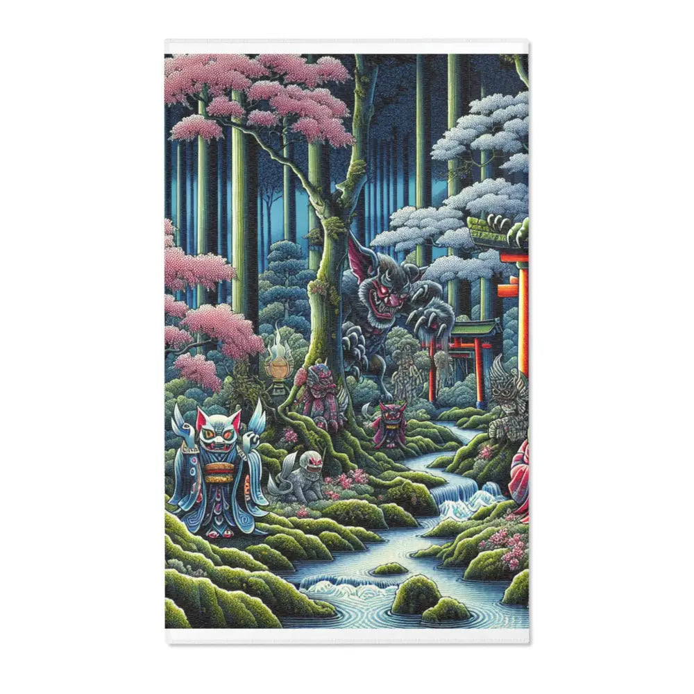 Yokai-Themed Area Rug with Moonlit Forest Scene and Torii
