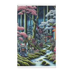 Yokai-Themed Area Rug with Moonlit Forest Scene and Torii