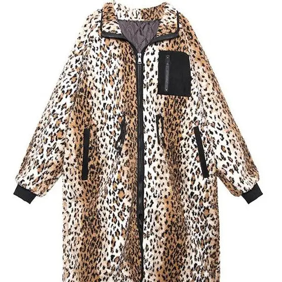 Zebra Color Faux Fur Thick Oversized Long Coat - Brown