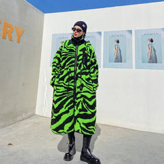 Zebra Color Faux Fur Thick Oversized Long Coat - coat