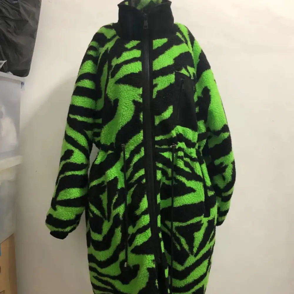 Zebra Color Faux Fur Thick Oversized Long Coat - coat