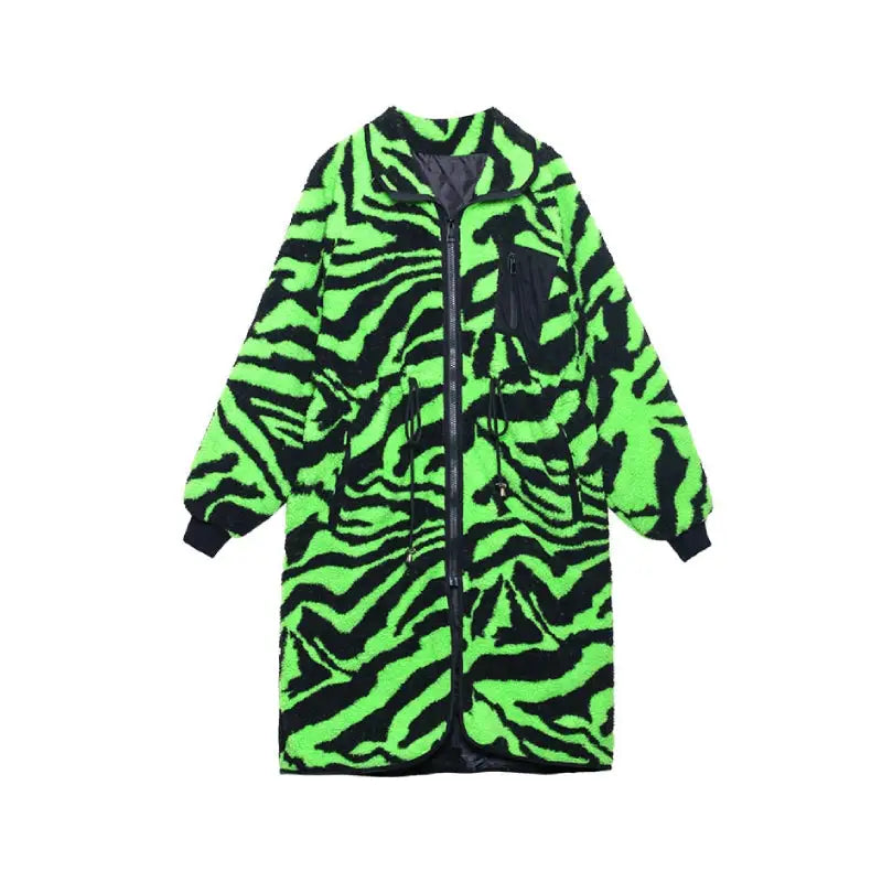 Zebra Color Faux Fur Thick Oversized Long Coat - Green