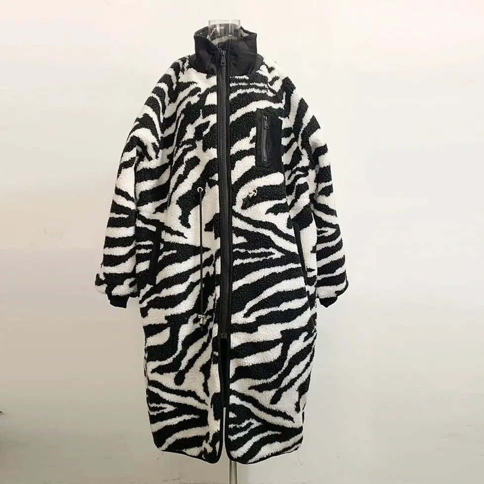 Zebra Color Faux Fur Thick Oversized Long Coat - White
