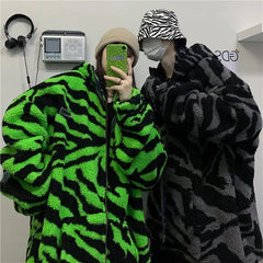 Zebra Pattern Zipper Hooded Padded Coat