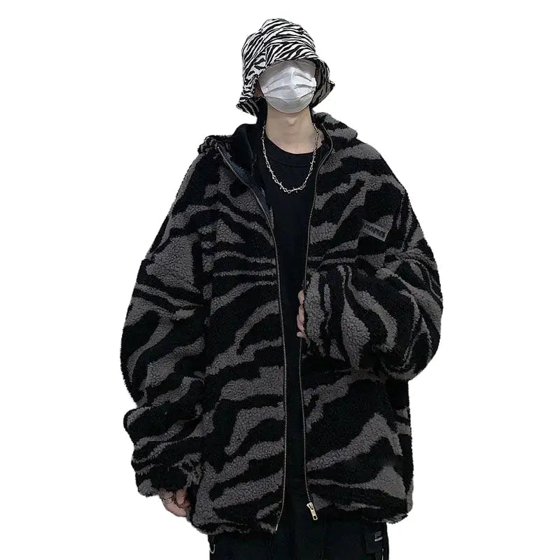 Zebra Pattern Zipper Hooded Padded Coat