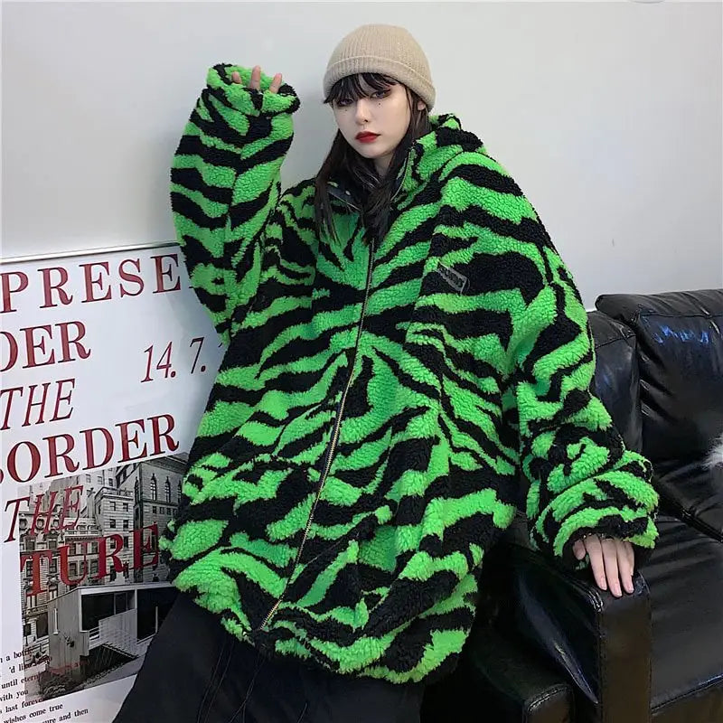 Zebra Pattern Zipper Hooded Padded Coat