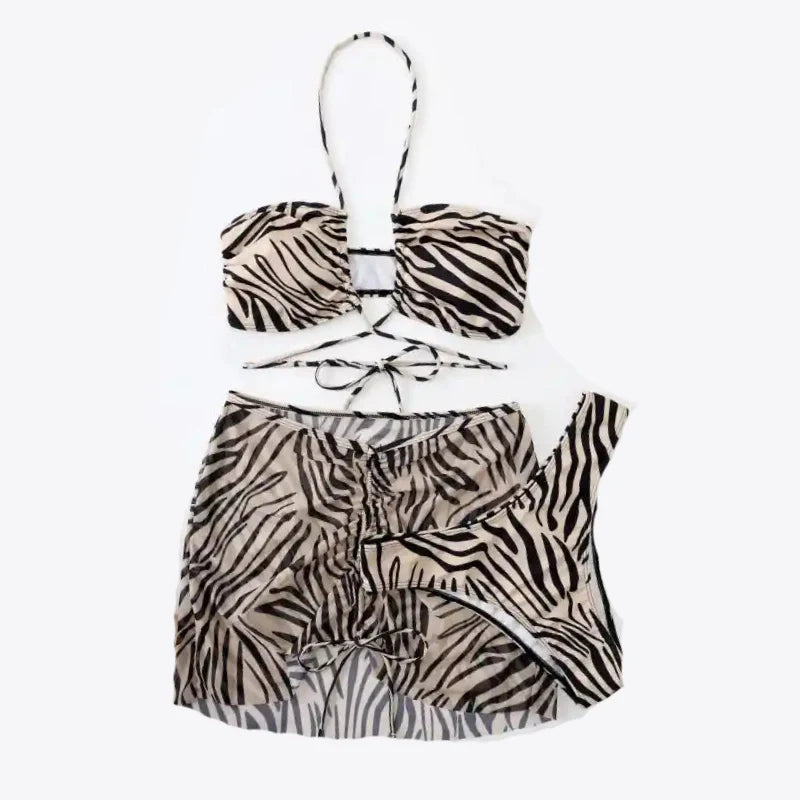 Zebra Stripe Lace Up Skirted Bikini