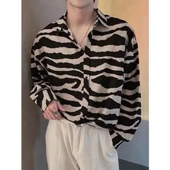 Zebra Striped Long-sleeve Loose Shirt - Brown / M