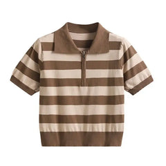 Zipper Striped Polo T-Shirt - Brown / One size - Shirt