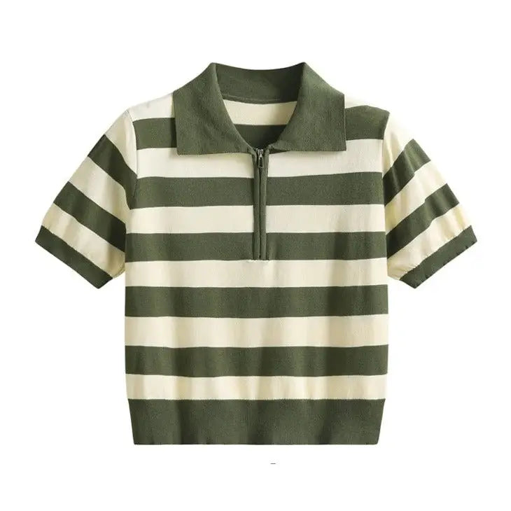 Zipper Striped Polo T-Shirt - Green / One size - Shirt