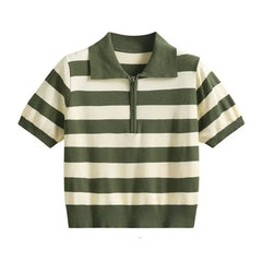 Zipper Striped Polo T-Shirt - Green / One size - Shirt