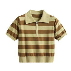 Zipper Striped Polo T-Shirt - Khaki / One size - Shirt