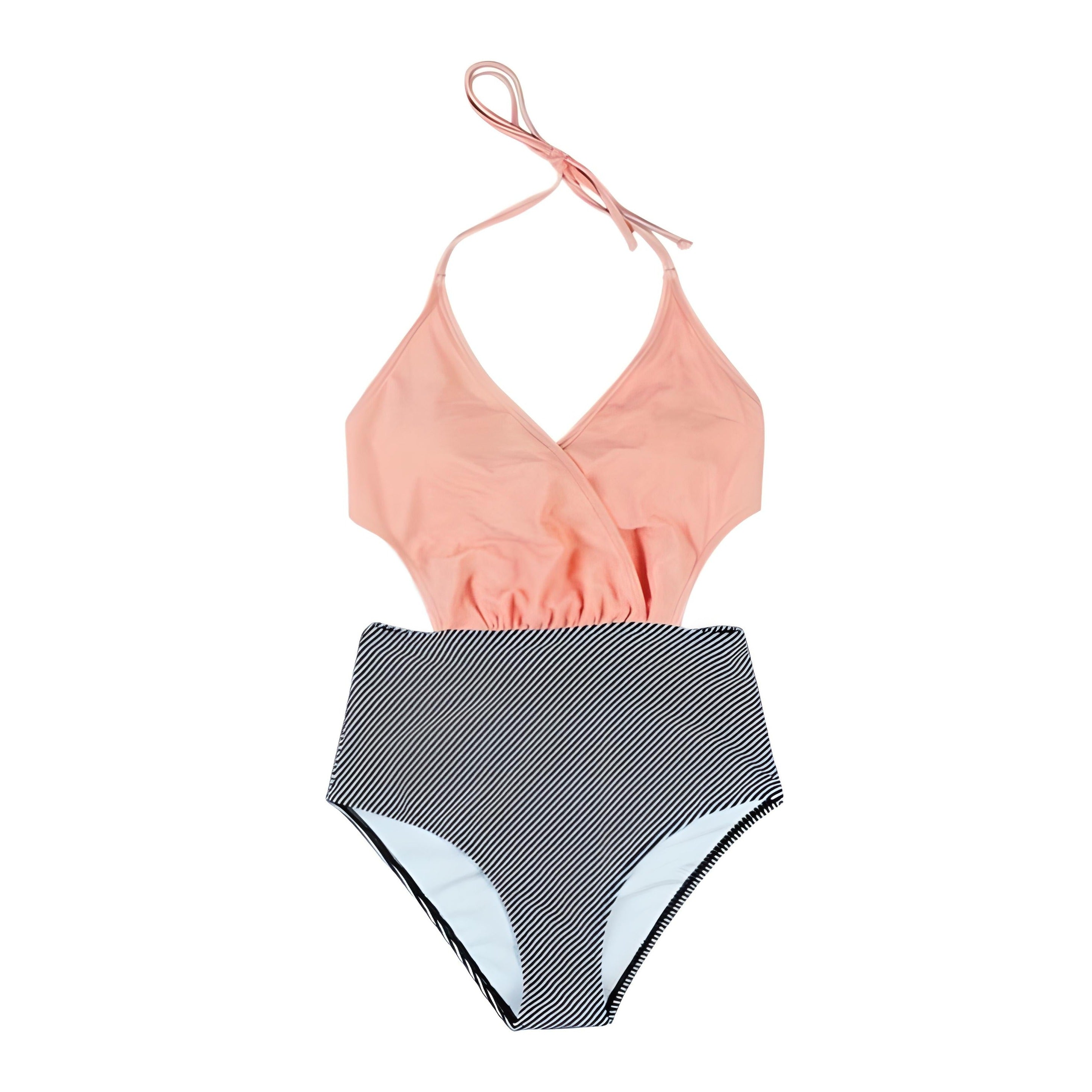 Backless Lace-Up One-Piece Swimsuit - Pink Gray / S -
