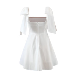 Cotton White Bow Ribbon Dress - Mini