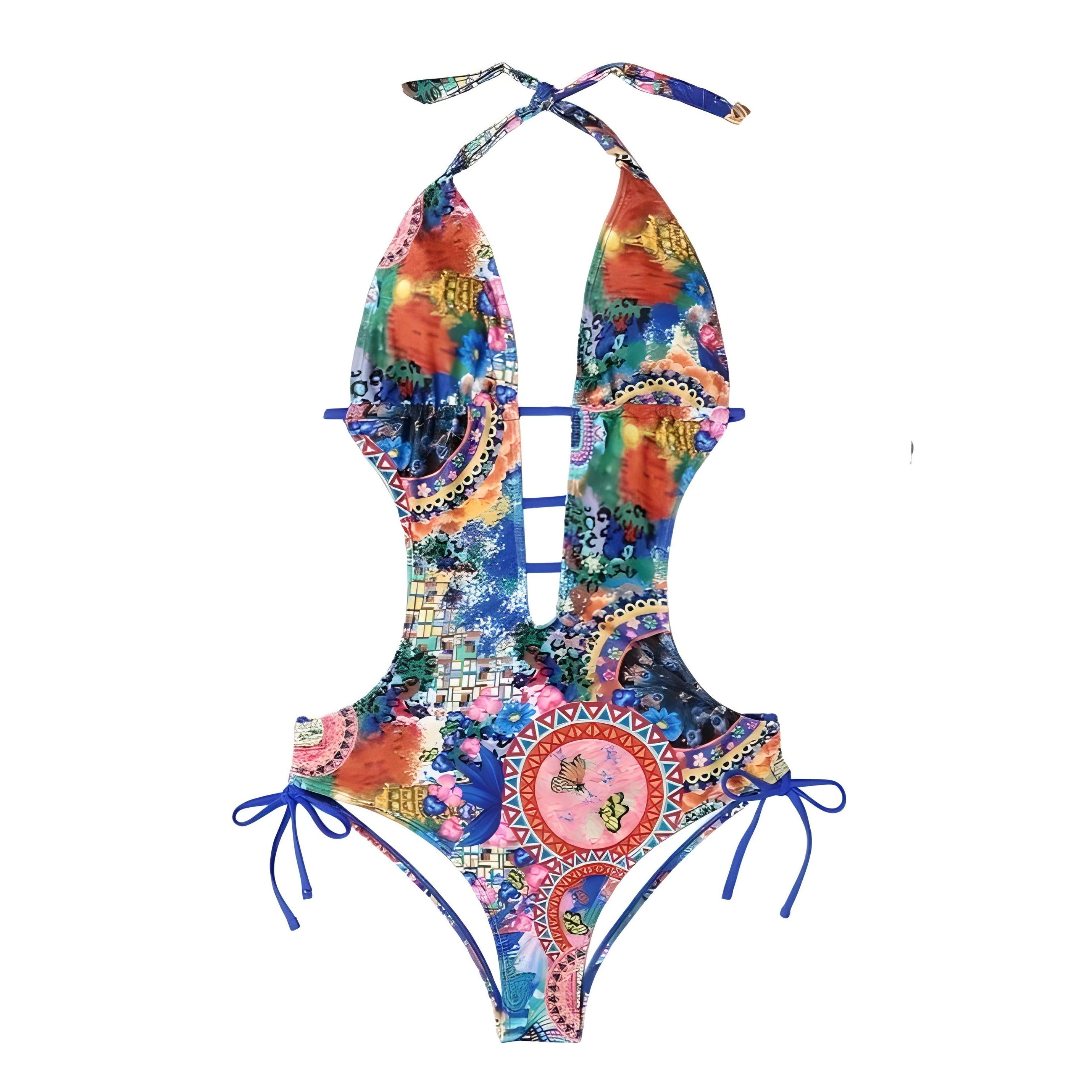 Backless Lace-Up One-Piece Swimsuit - Multicolored / S -