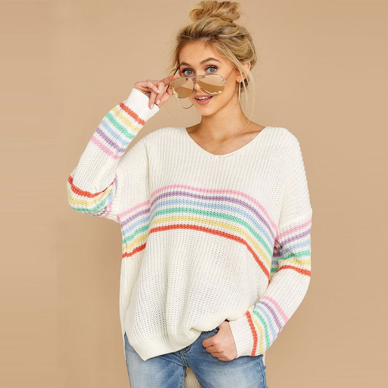 Rainbow Striped Knitted Sweater - White / S