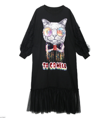Cat Long loose Dress - Black / One size - Oversize Women
