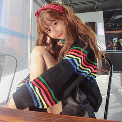 Cute Rainbow Striped Print Knit Sweater
