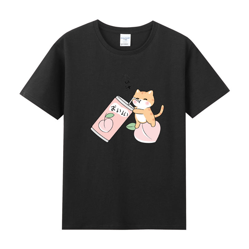 Cute Cat & Peach Juice T-shirt - Black cat / S - T-Shirt