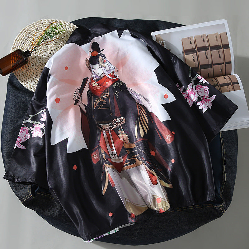 Asian Style Kimono Cap Sleeve Shirt - Black Pink White / L -