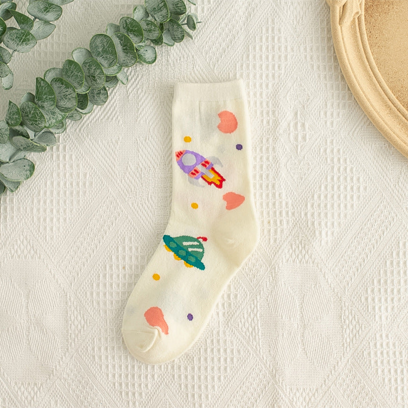 Galaxy and Planets Cotton Socks - UFO And Rocket / One Size