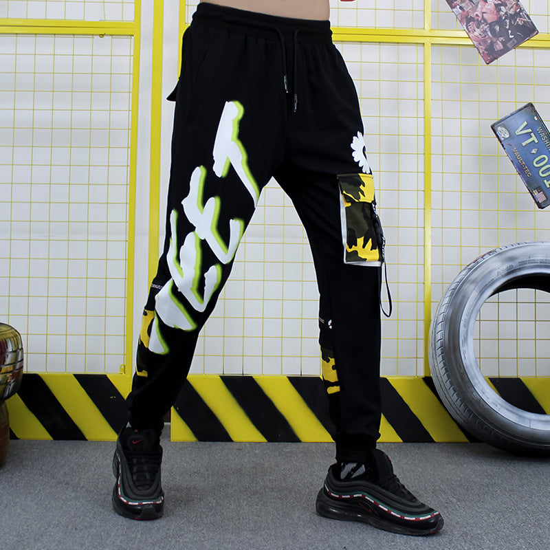 Black with Camouflage Letters Functional Pants - Yellow / L