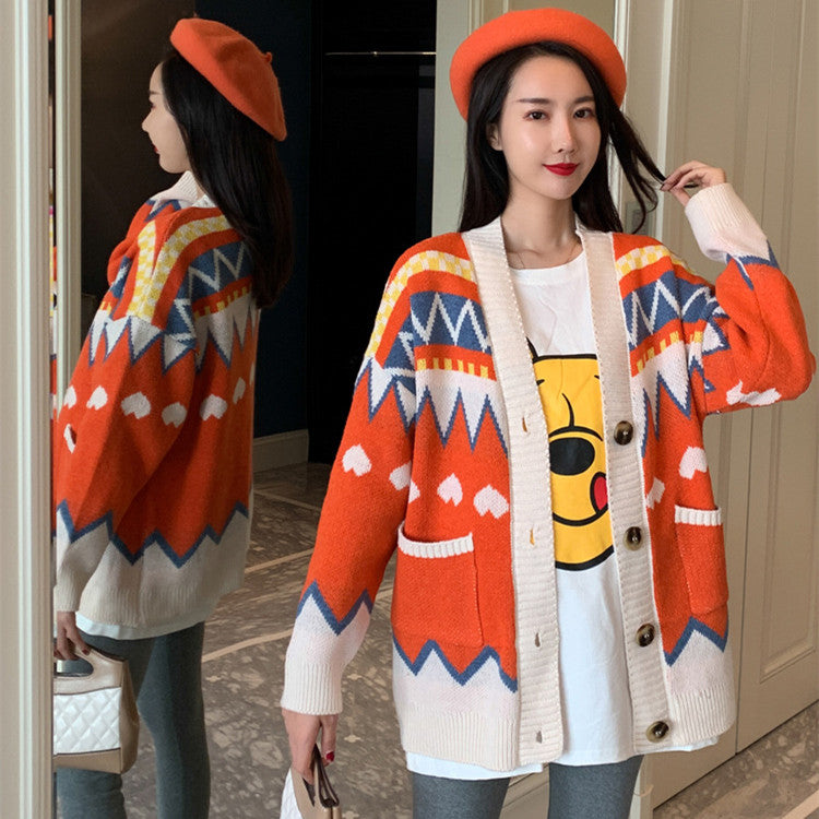 Heart Stripe Knitted Cardigan Sweater - Orange / OneSize