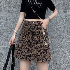 Leopard Print Chain High Waist Skirt - Brown / S