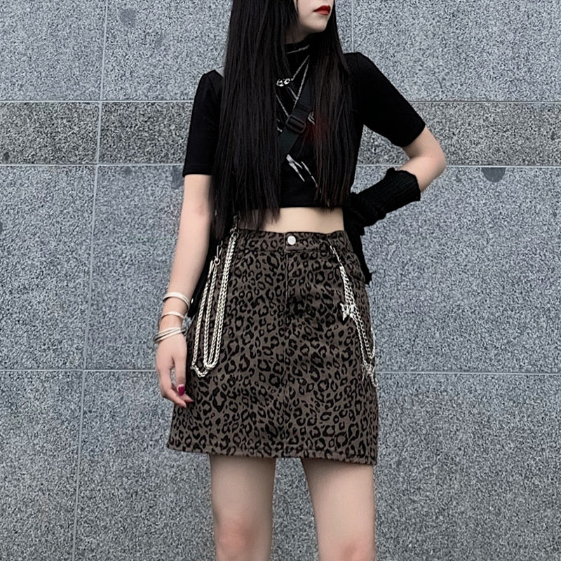 Leopard Print Chain High Waist Skirt - Black / S