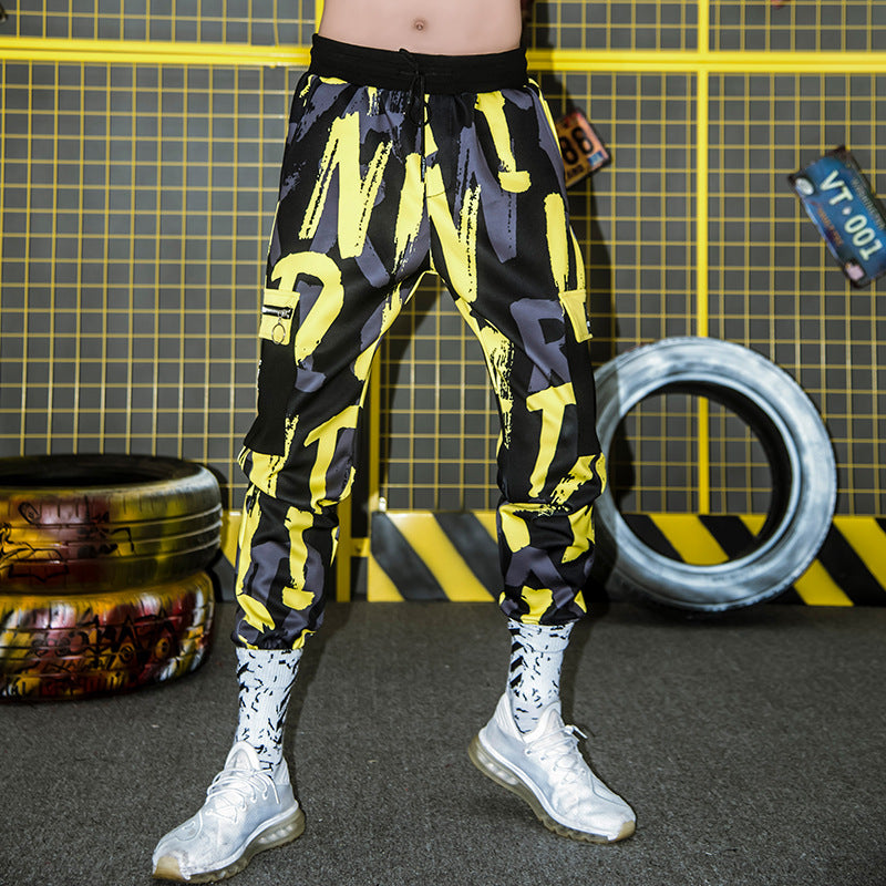 Letters Camouflage Loose Multi-Pocket Pants - Yellow / L