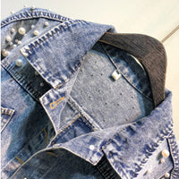 Thumbnail for Mosaic Pearl Short Loose Denim Jacket - Jackets