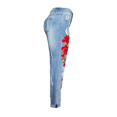 Floral High Waisted Slim Jeans - Pants