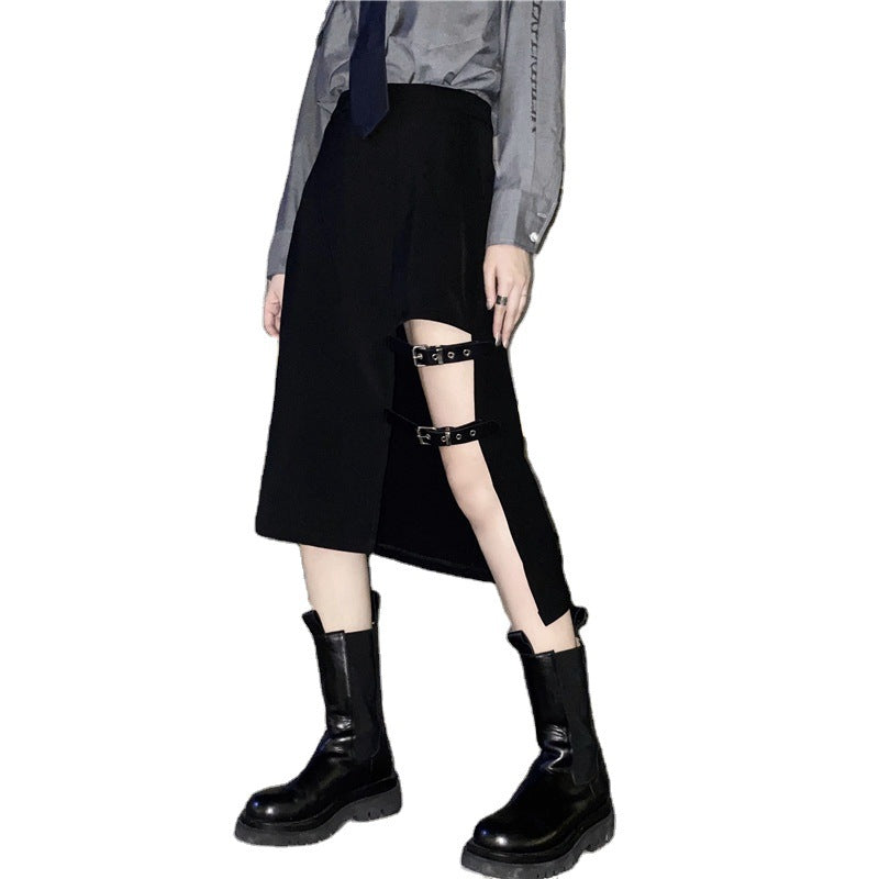Asymmetrical Black Skirt With Belt Buckle