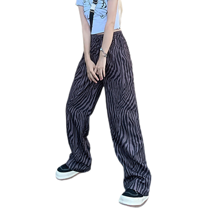 Zebra Pattern Loose Wide-leg Straight-leg Pants - Khaki / S